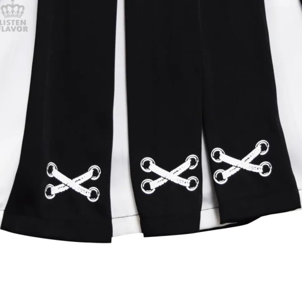 LISTEN FLAVOR Lace-Up Print Two-Tone Pleated Skirt