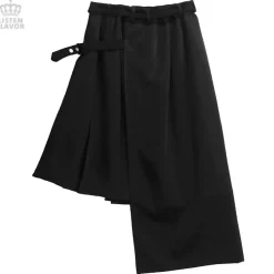 LISTEN FLAVOR Layered Style Asymmetrical Pleated Long Skirt w/ Belt
