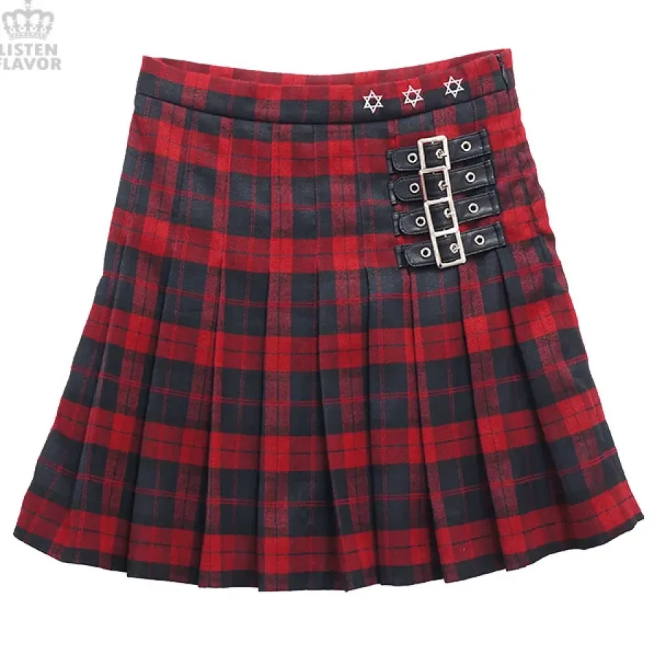 LISTEN FLAVOR Pleated Plaid Skirt w/ Side Belts