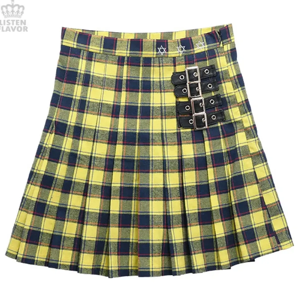 LISTEN FLAVOR Pleated Plaid Skirt w/ Side Belts