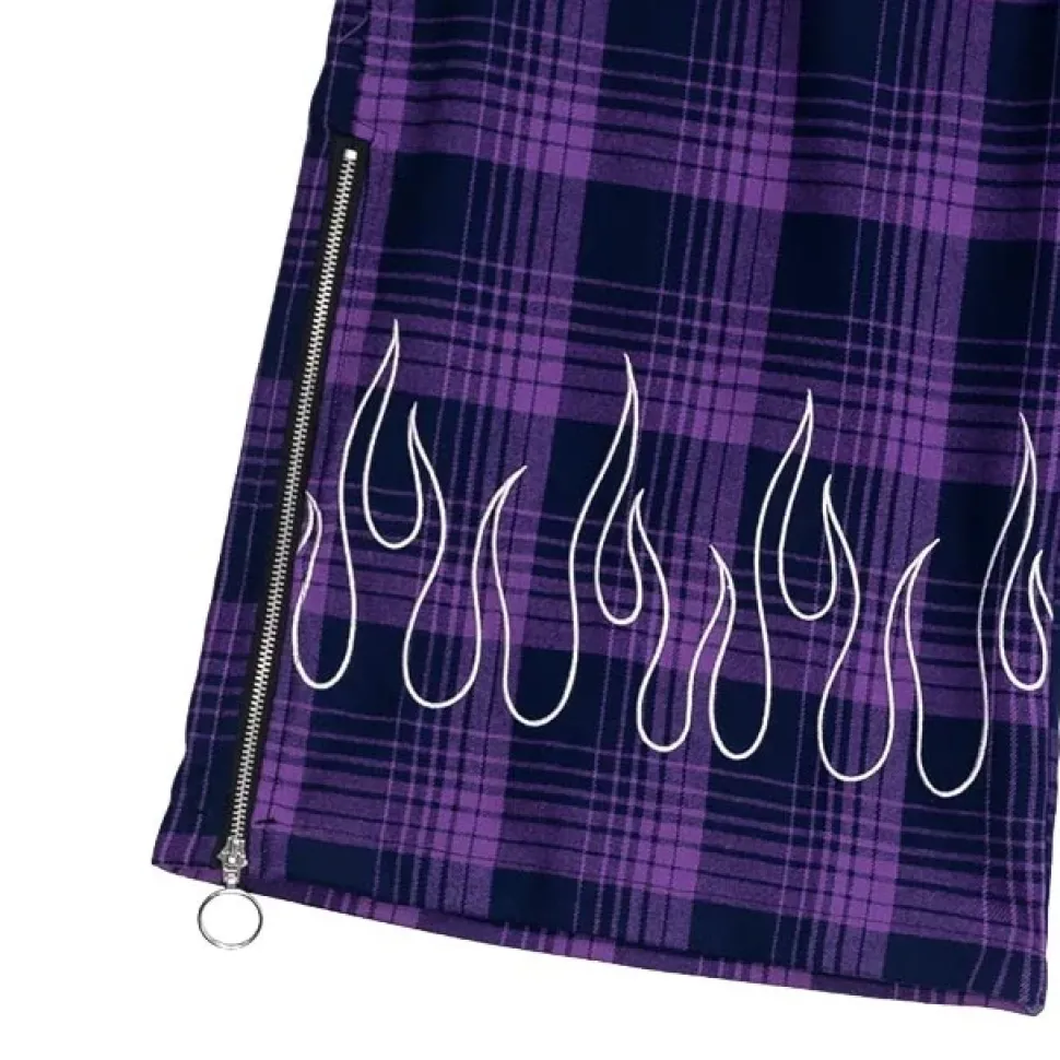 LISTEN FLAVOR Purple Plaid Fire Embroidered Zip Slit Wide Pants
